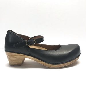 Dansko Black Leather Mary Jane Clog with Wood-Tone Heel